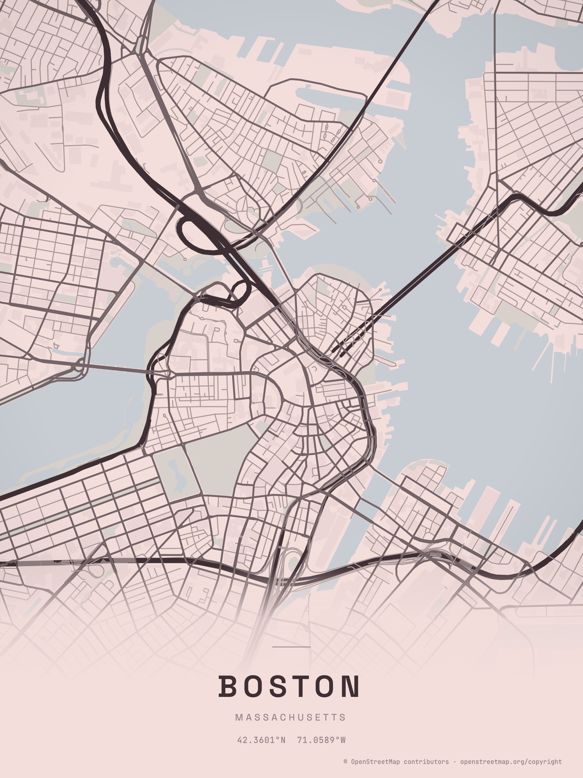 Boston map print in a white oak frame