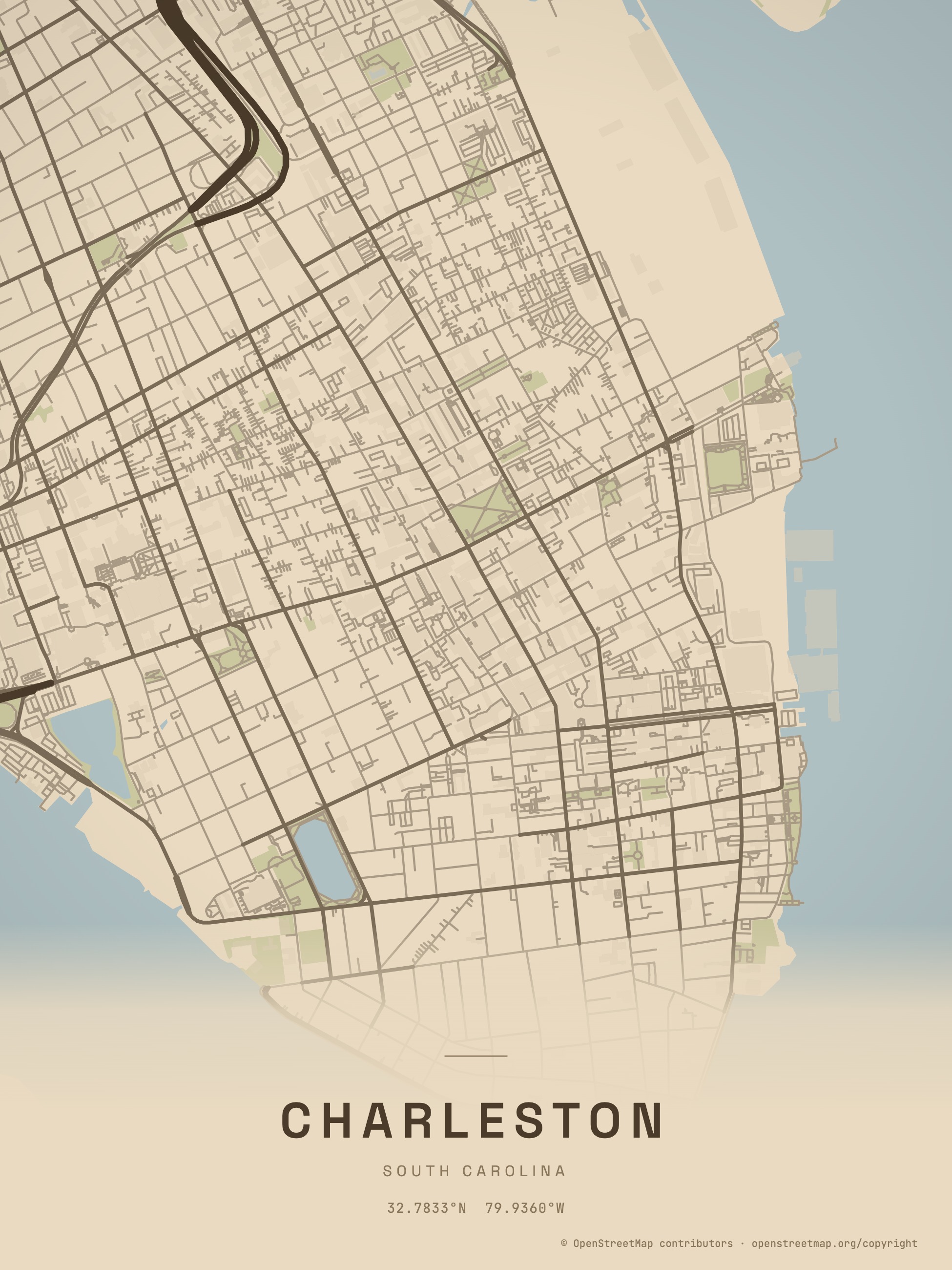 Charleston map print in a walnut oak frame