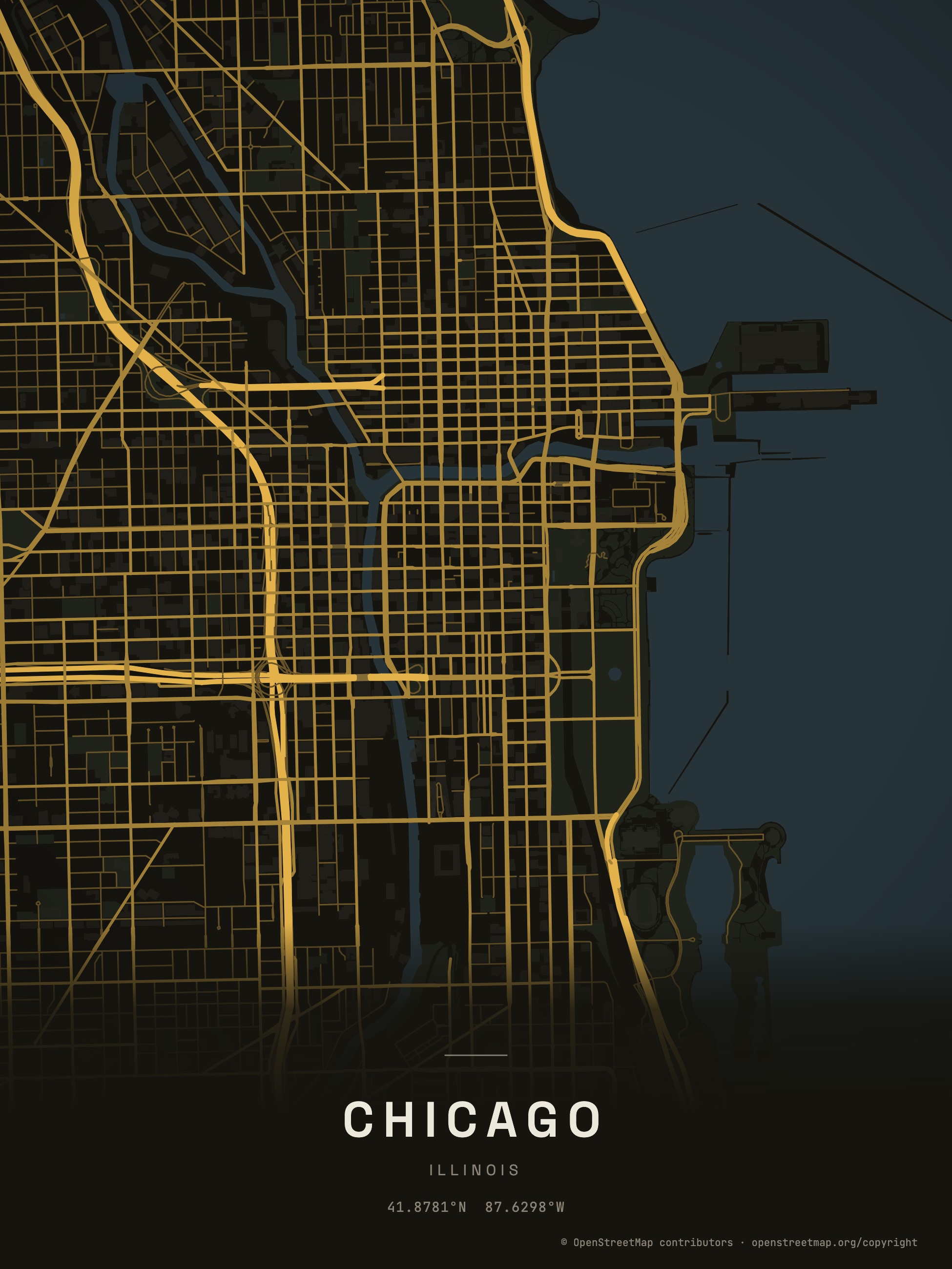 Chicago map print in a black oak frame
