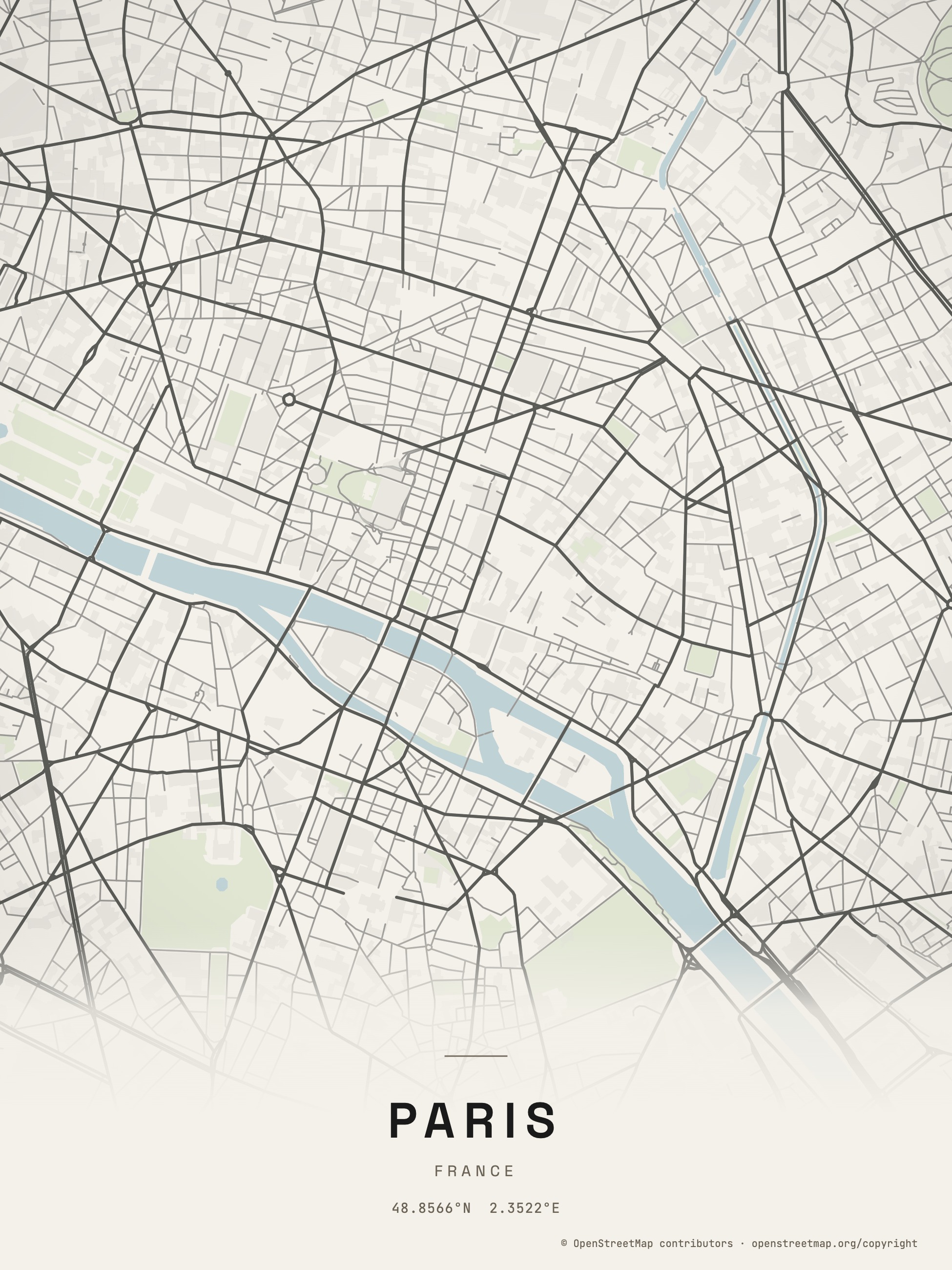 Paris map print in a natural oak frame